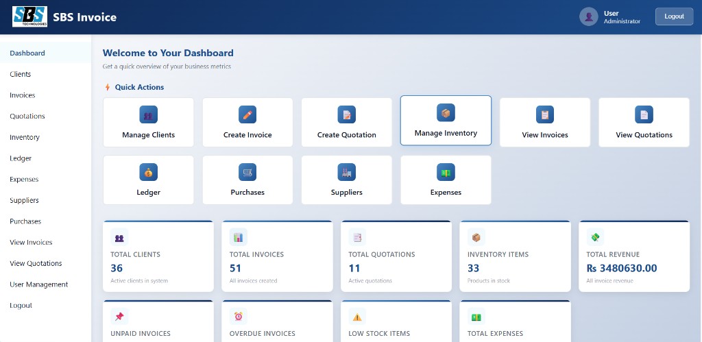Invoice system dashboard with quick actions